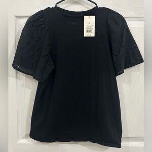 A New Day Black Eyelet Puff Sleeve Crew Neck T-Shirt Women’s XS NWT